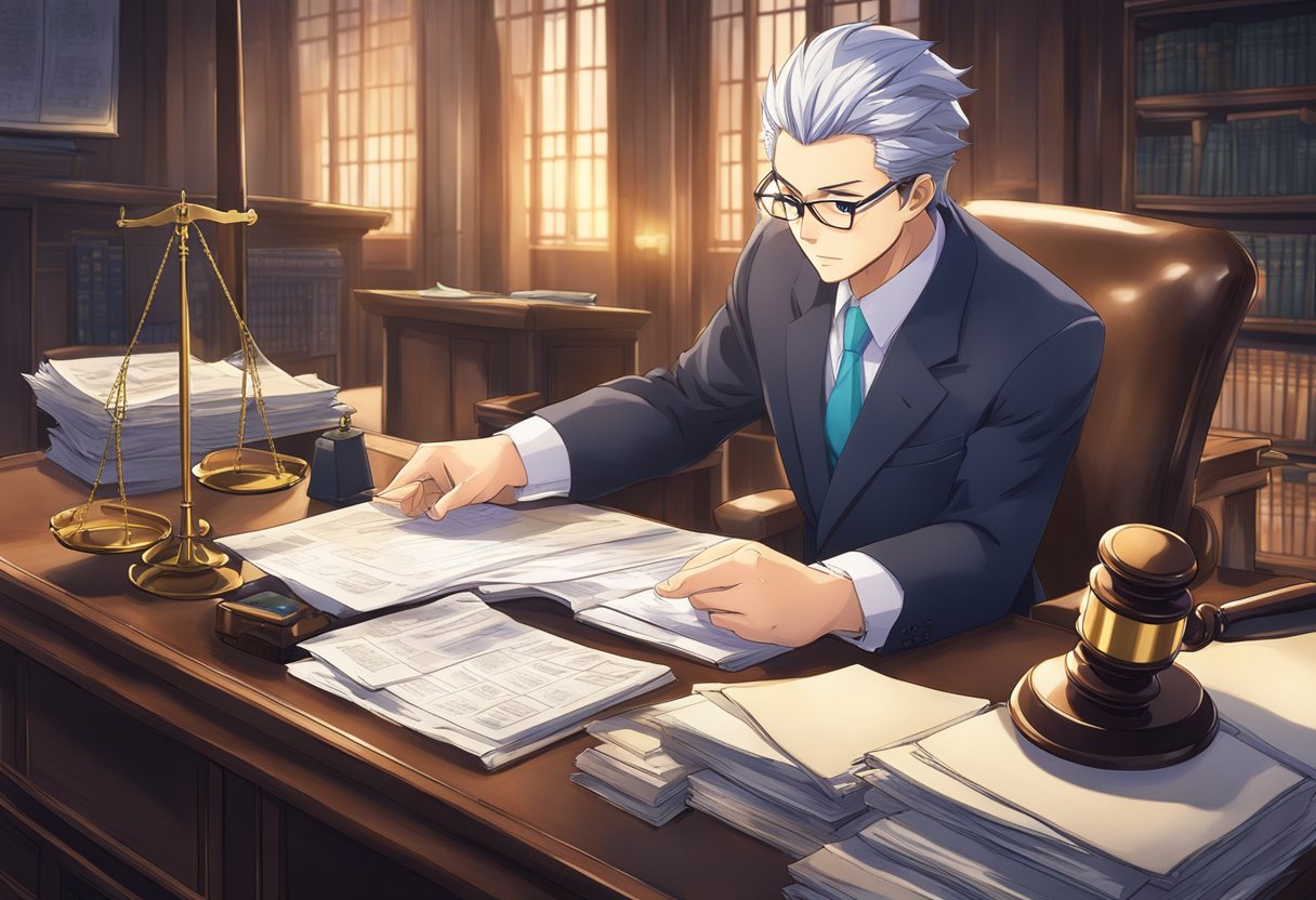 A lawyer reviewing documents at a desk with a scale and gavel nearby