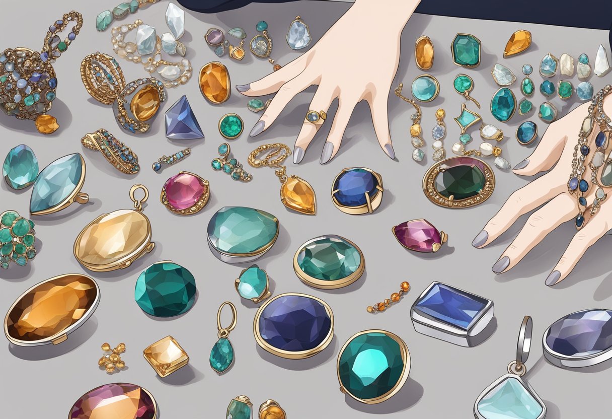 A hand reaches for a variety of metals and gemstones, carefully selecting and arranging them to create a jewelry capsule wardrobe