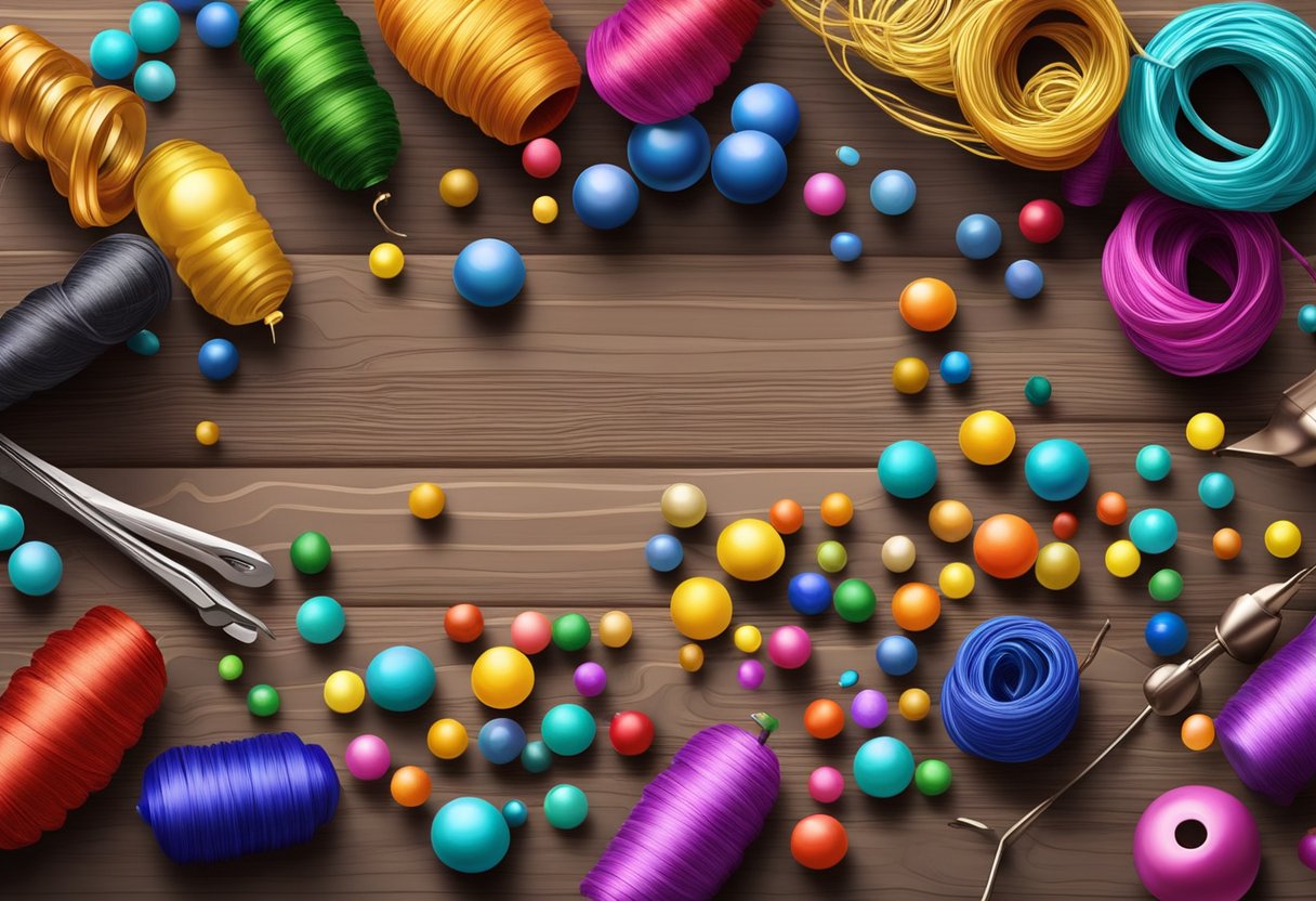 Colorful beads scattered on a wooden table with tools and string, ready for DIY jewelry making