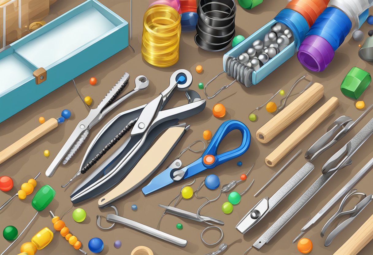 A workbench holds pliers, wire cutters, and bead containers. A string of colorful beads lies ready for use