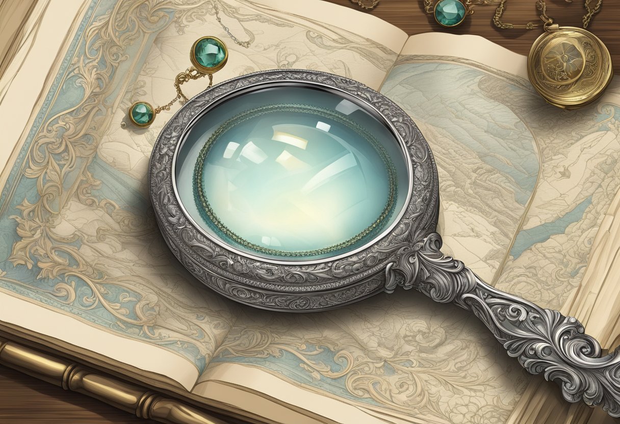 A magnifying glass hovers over a delicate piece of antique jewelry, revealing intricate markings and engravings on the surface