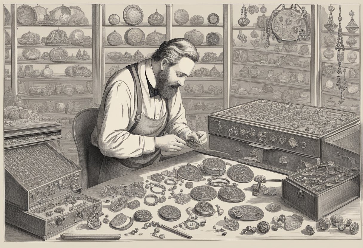 An antique jewelry expert examines and compares various markings and engravings on different pieces to determine their age and origin