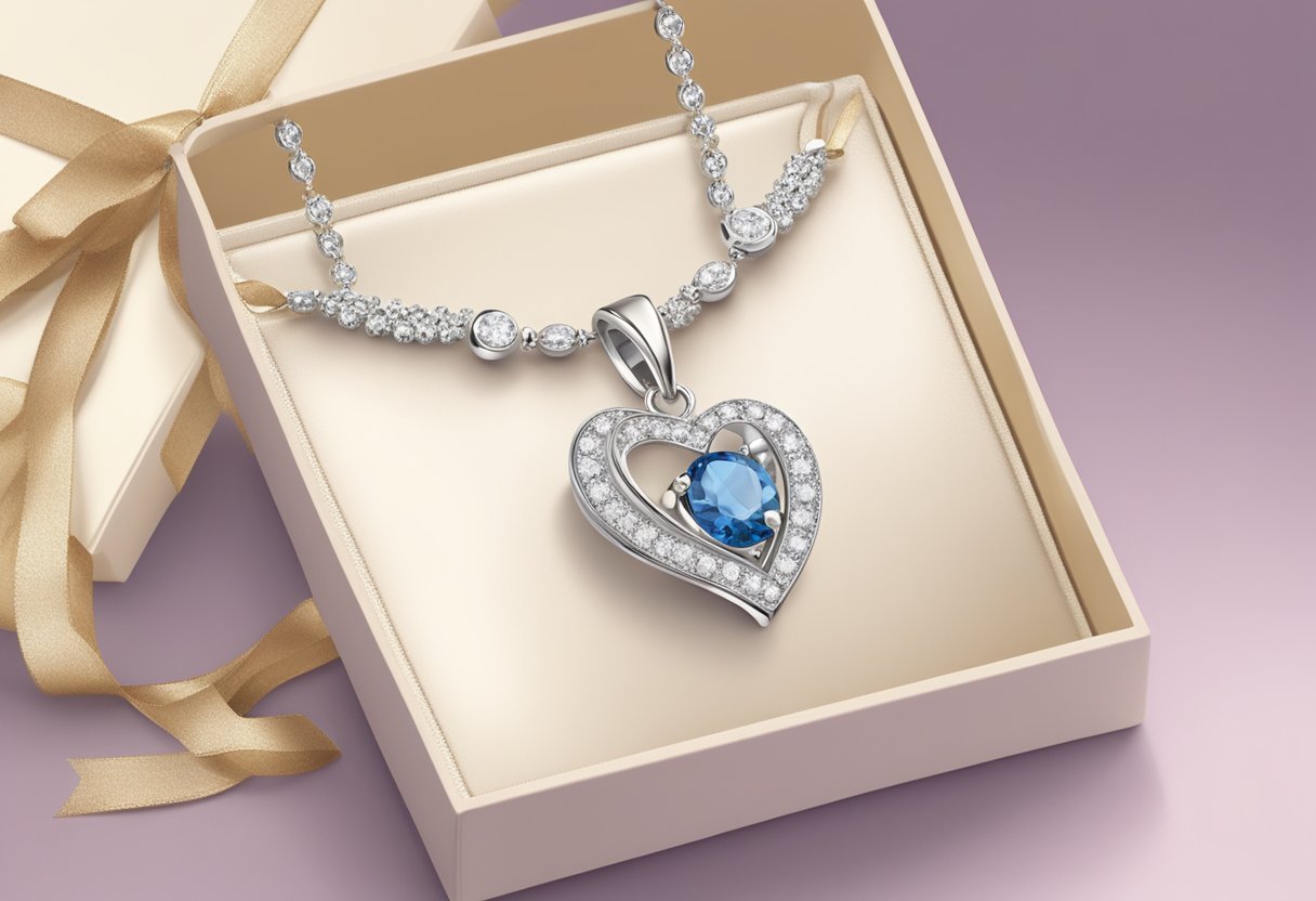 A sparkling necklace with "Mom" pendant rests on a velvet display. A delicate bracelet with birthstone charms hangs nearby. Gift boxes and ribbon add to the festive scene