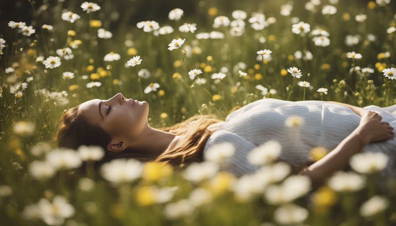 A woman lies in a peaceful meadow, surrounded by blooming flowers and a gentle breeze. A glowing light envelops her, symbolizing the dream of getting pregnant