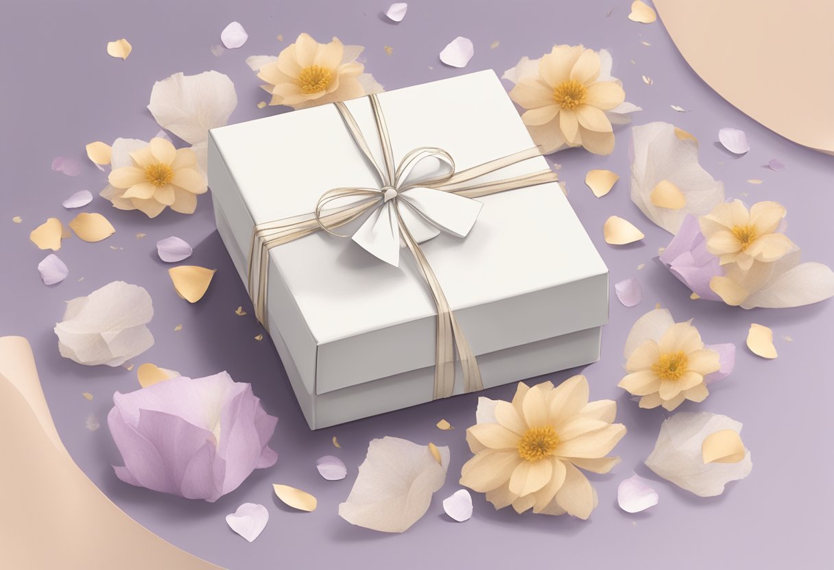 A beautifully wrapped box with a personalized necklace inside, sitting on a bed of delicate tissue paper, surrounded by a scattering of flower petals and a handwritten note