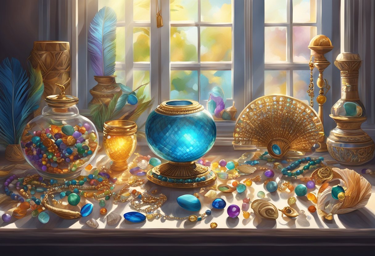 A table scattered with colorful beads, feathers, and shells. Sunlight streaming through open windows, casting playful shadows on the eclectic mix of jewelry pieces