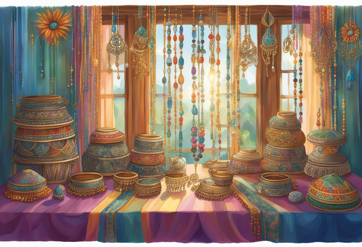 A table adorned with colorful beaded necklaces, dangling earrings, and stacked bangles. Sunlight filtering through sheer curtains illuminates the intricate details of the bohemian jewelry, creating a whimsical and free-spirited vibe