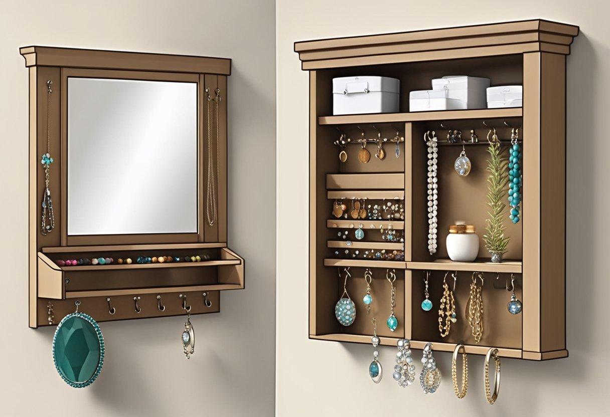 A compact wall-mounted jewelry organizer with hooks, shelves, and compartments. A small mirror and decorative accents add charm to the space-saving storage solution