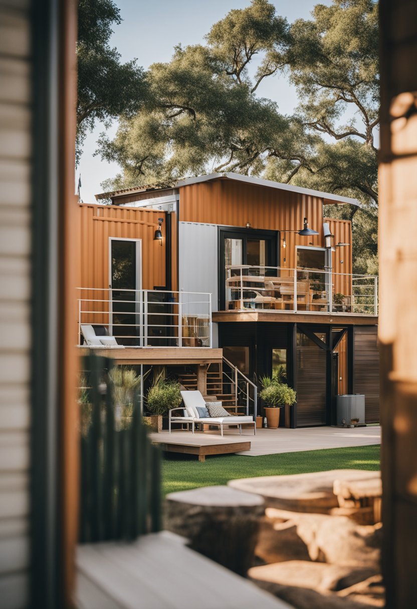 A modern container home surrounded by vacation cabins in a beautiful hacienda setting in Waco