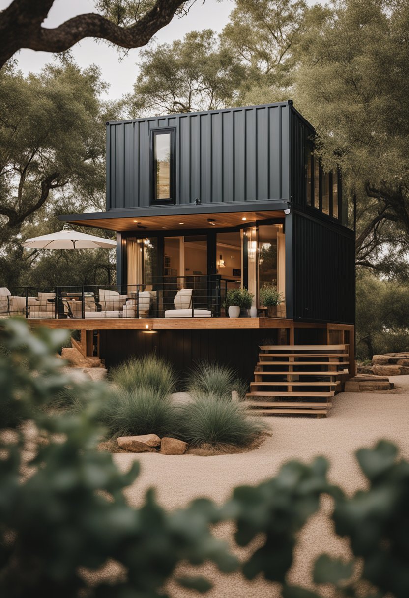 A serene landscape surrounds a stylish tiny container home at Stillwater House in Waco, Texas