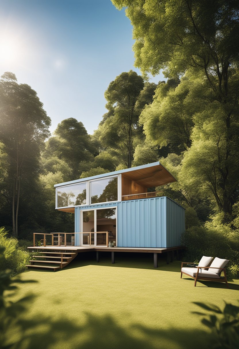 A modern Cargohome stands against a backdrop of lush greenery, with a clear blue sky overhead. The cabin exudes a sense of tranquility and relaxation, inviting visitors to enjoy a peaceful getaway