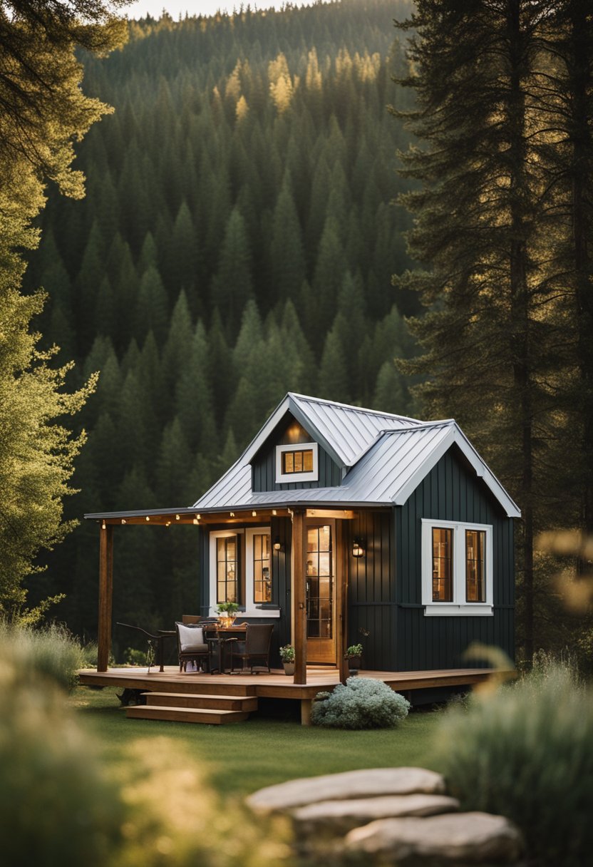 A cozy tiny house nestled in the Montana wilderness, surrounded by lush greenery and a serene atmosphere. The elegant cabin exudes tranquility and relaxation, making it the perfect escape near Magnolia Villa in Waco