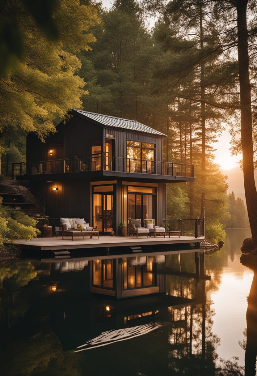 A luxurious Cargohome sits nestled among lush trees, with a cozy porch and a view of the tranquil lake. The sun sets behind the cabin, casting a warm glow over the serene scene