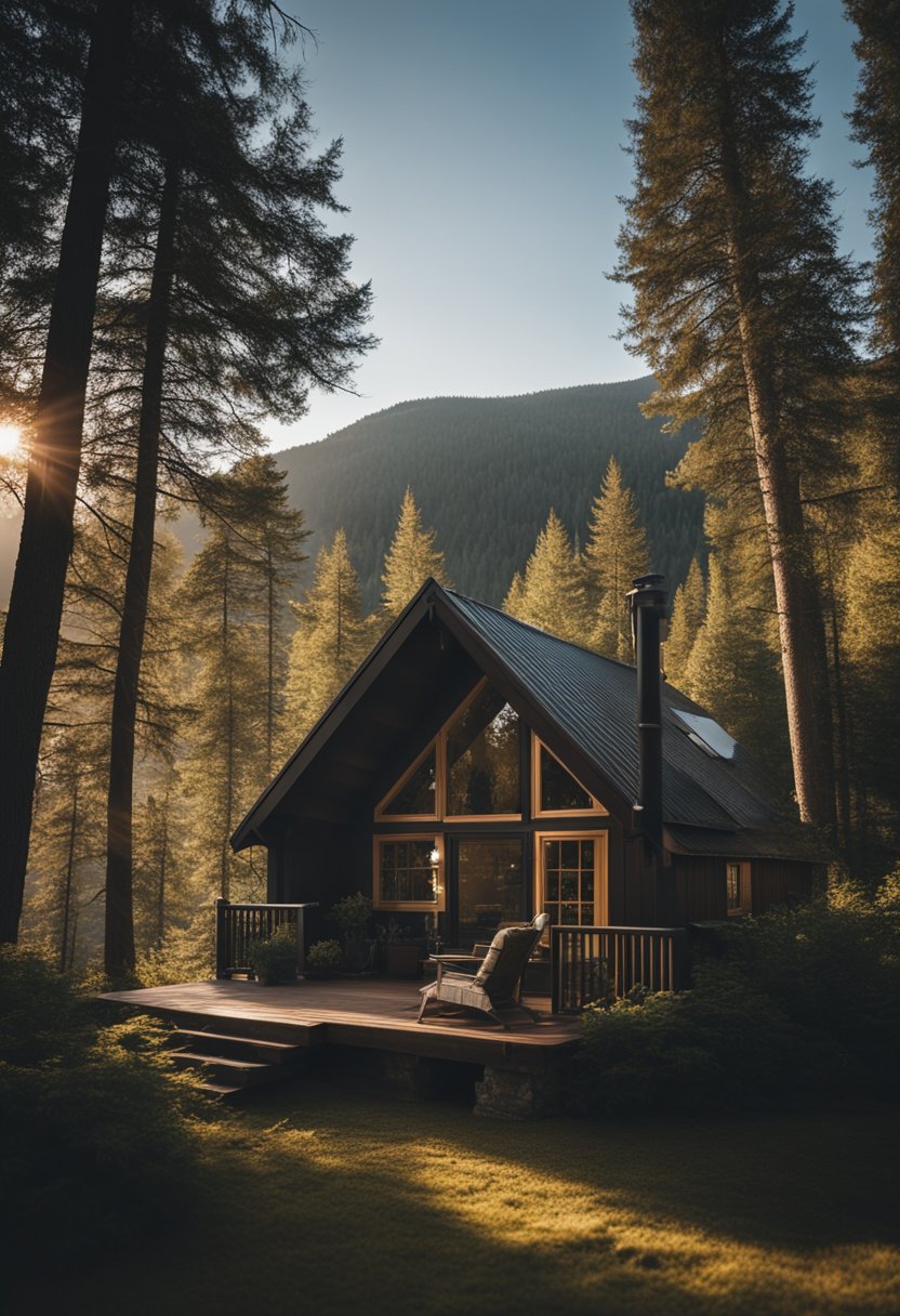 A cozy cabin nestled in the woods, surrounded by tall trees and a scenic view of the mountains