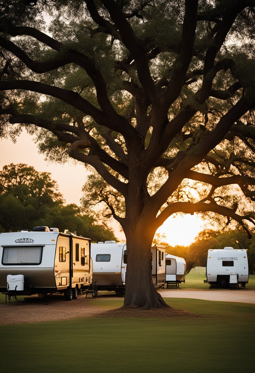 The sun sets behind the cozy cabins nestled among the sprawling oak trees at Post Oak RV Park in Waco, creating a warm and inviting atmosphere