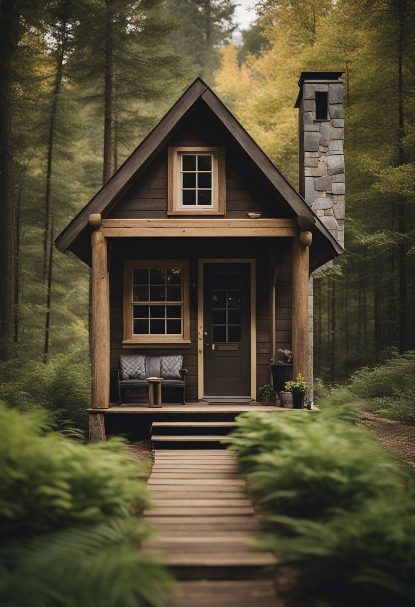 A rustic tiny cabin nestled in the woods, with a small porch and a chimney emitting smoke. Surrounding trees and a serene natural setting