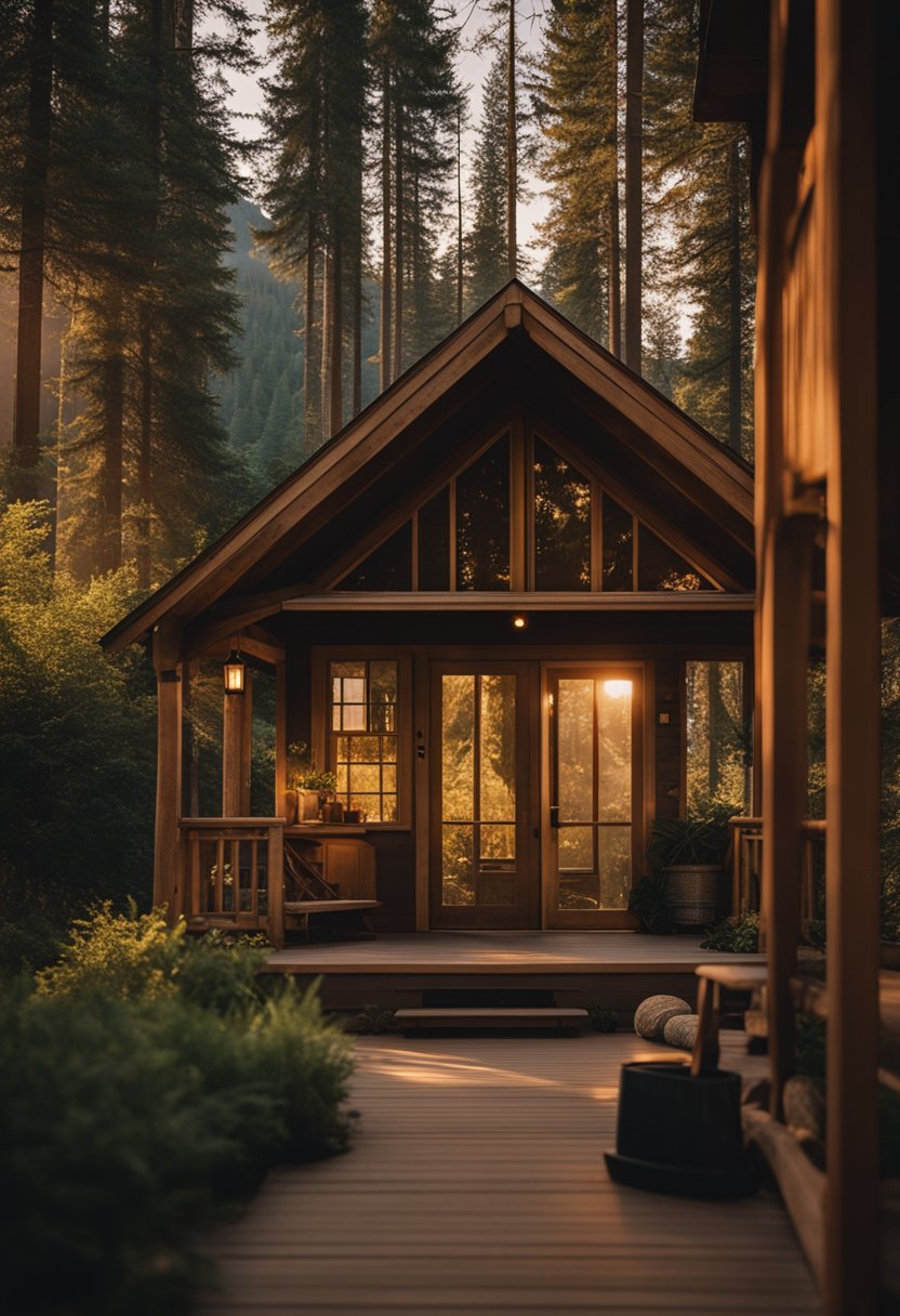 A cozy cabin nestled among tall trees, with a surfboard leaning against the porch. The sun sets behind a distant mountain, casting a warm glow over the tranquil scene