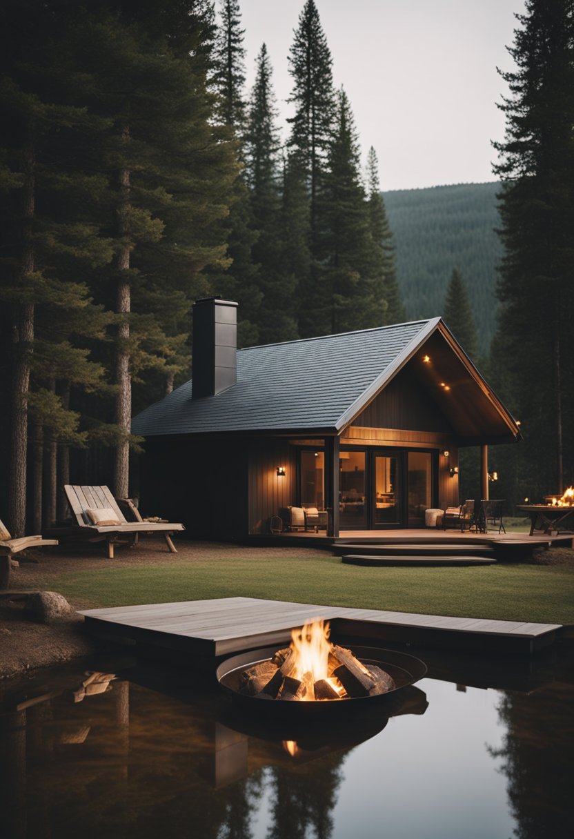 A cozy cabin nestled among tall trees, with a crackling fire pit and a serene lake in the background