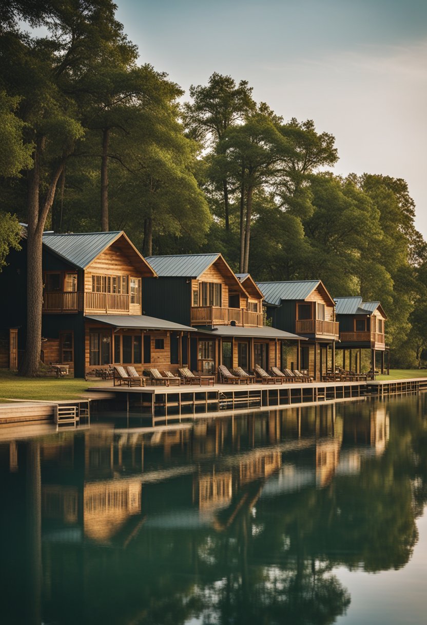 A row of cozy vacation cabins nestled among tall trees and overlooking a serene lake in Waco, Texas. The cabins feature rustic wooden exteriors and spacious front porches, perfect for relaxing and enjoying the peaceful surroundings