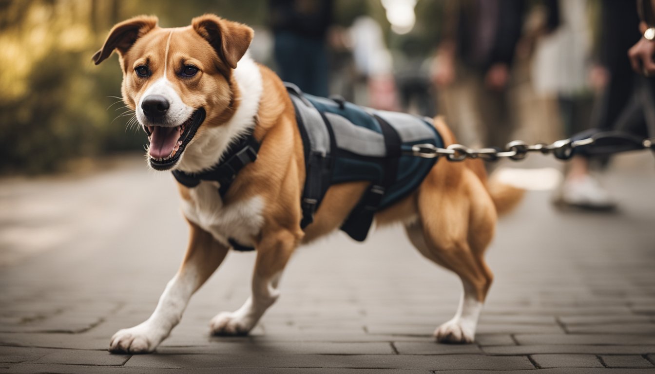 A dog with bared teeth lunges at a figure, jaws snapping shut