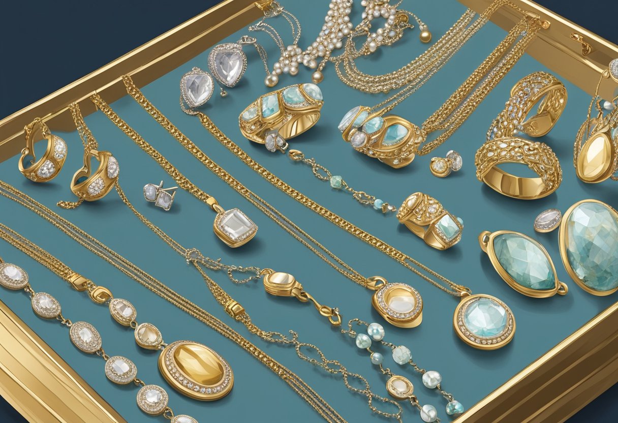 A display of hypoallergenic jewelry on a velvet-lined tray, with delicate chains, studs, and bracelets in silver and gold tones