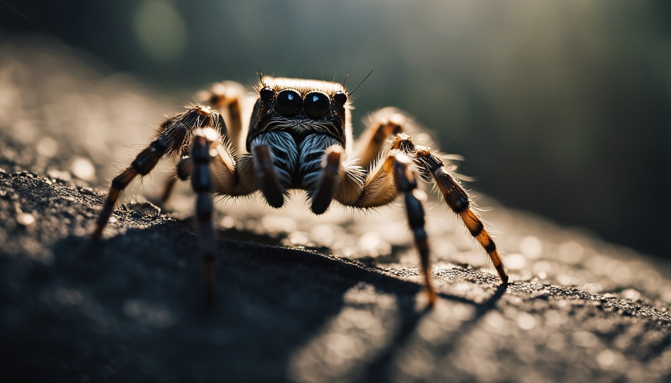 A spider crawls on a web, surrounded by darkness and eerie shadows