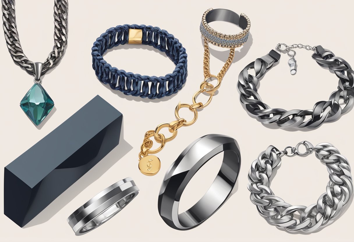 Various men's jewelry trends for 2024: chunky chain necklaces, bold statement rings, and minimalist cuff bracelets. Mix of metals and materials