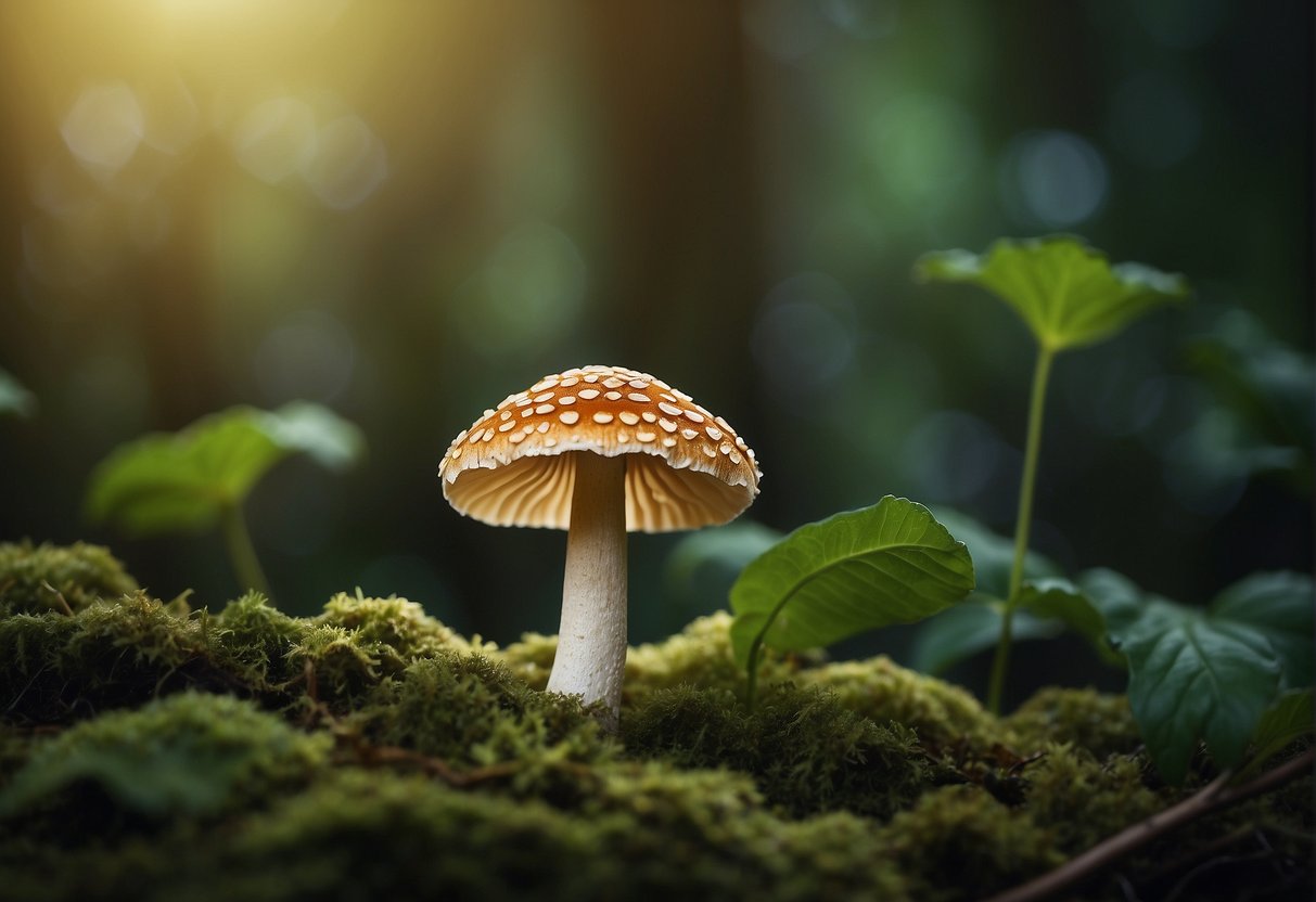 A tiger milk mushroom with 7 benefits, surrounded by lush greenery and vibrant wildlife