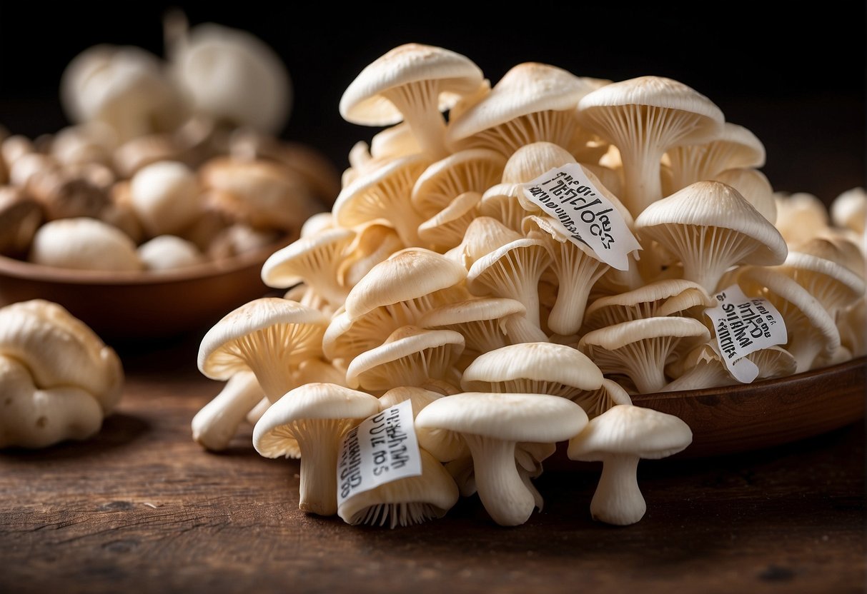 A pile of fresh enoki mushrooms with nutrient labels and the words "9 benefits of enoki mushrooms" displayed prominently