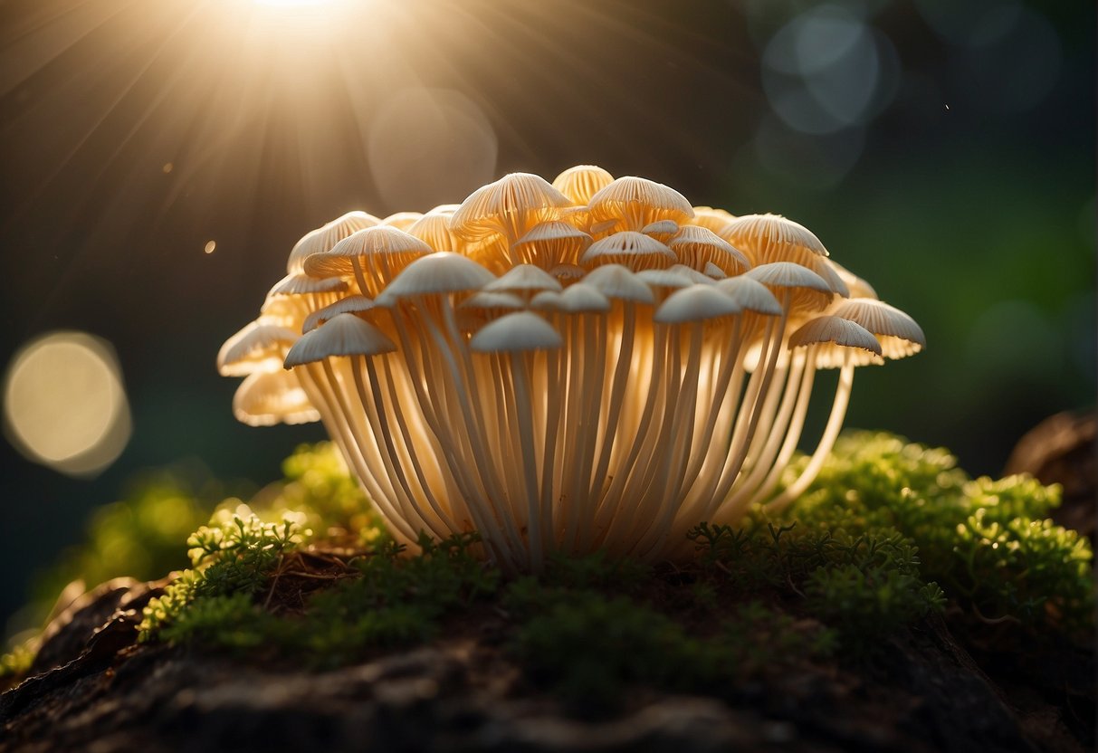 A cluster of enoki mushrooms surrounded by rays of light, showcasing their health benefits