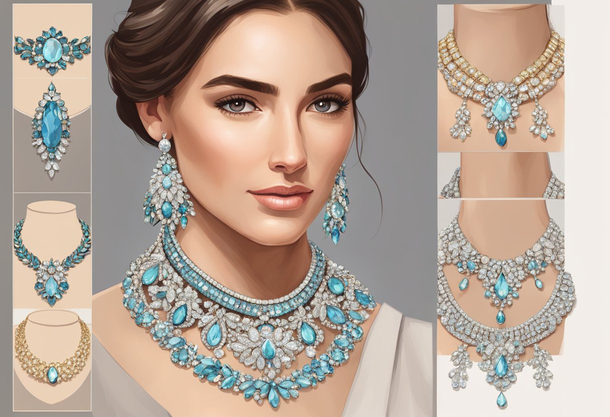 Sparkling statement necklaces adorn elegant evening gowns under soft, warm lighting