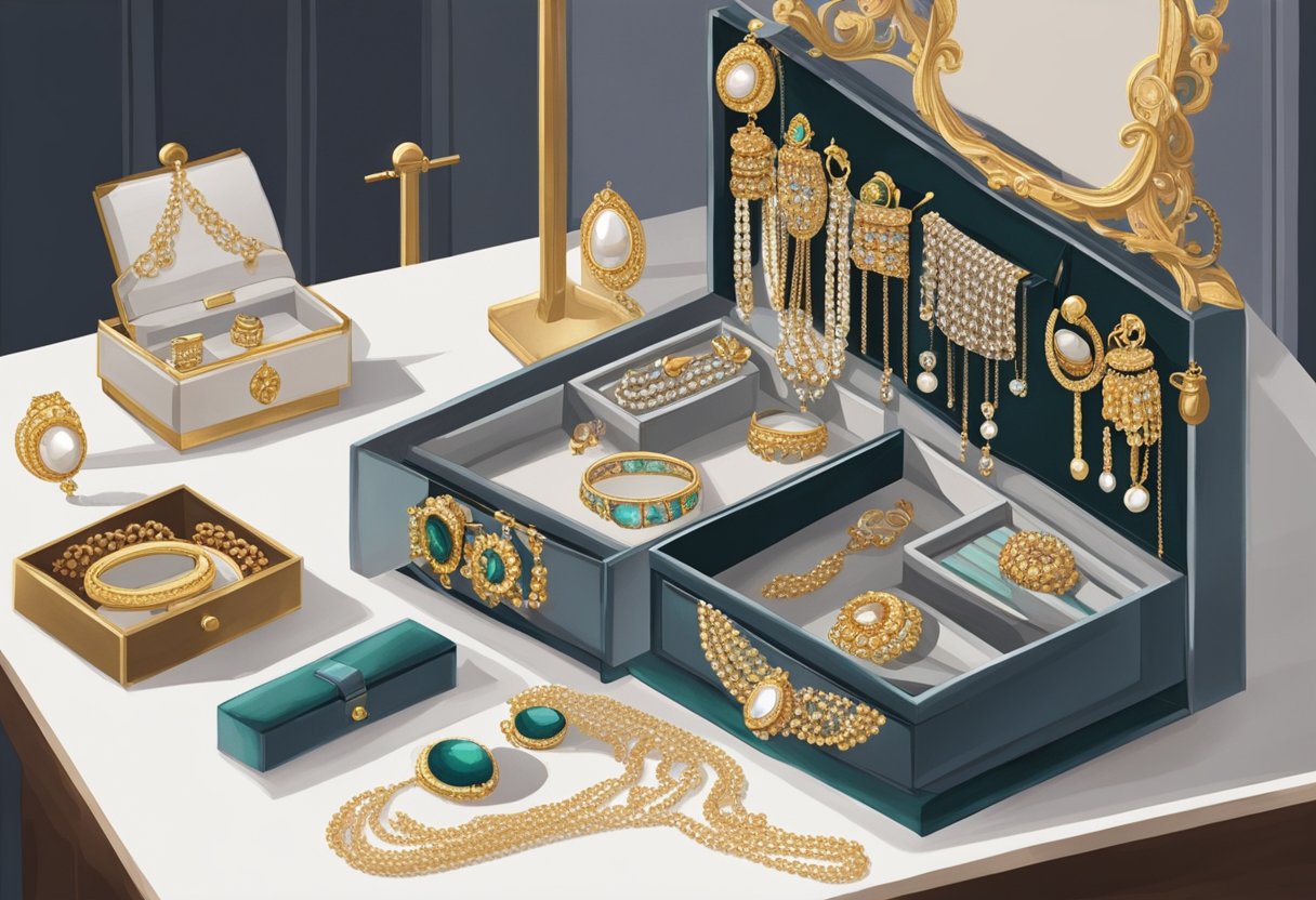 A jewelry box open on a vanity, with a statement necklace displayed on a velvet stand. A soft cloth and small brush nearby for cleaning