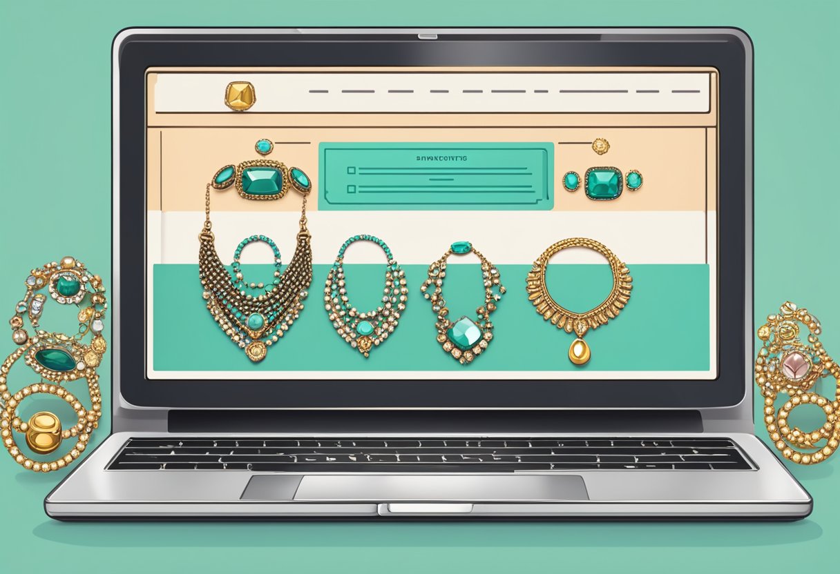 A laptop displaying a website with a collection of vintage jewelry. A secure payment icon and positive customer reviews are visible