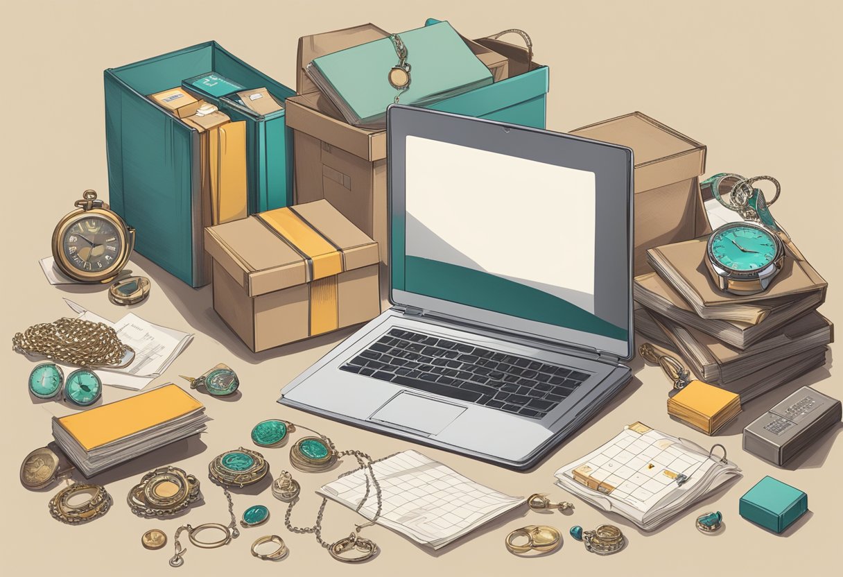 A cluttered desk with a laptop, vintage jewelry pieces, and packaging materials. A stack of shipping boxes and a calendar with dates circled