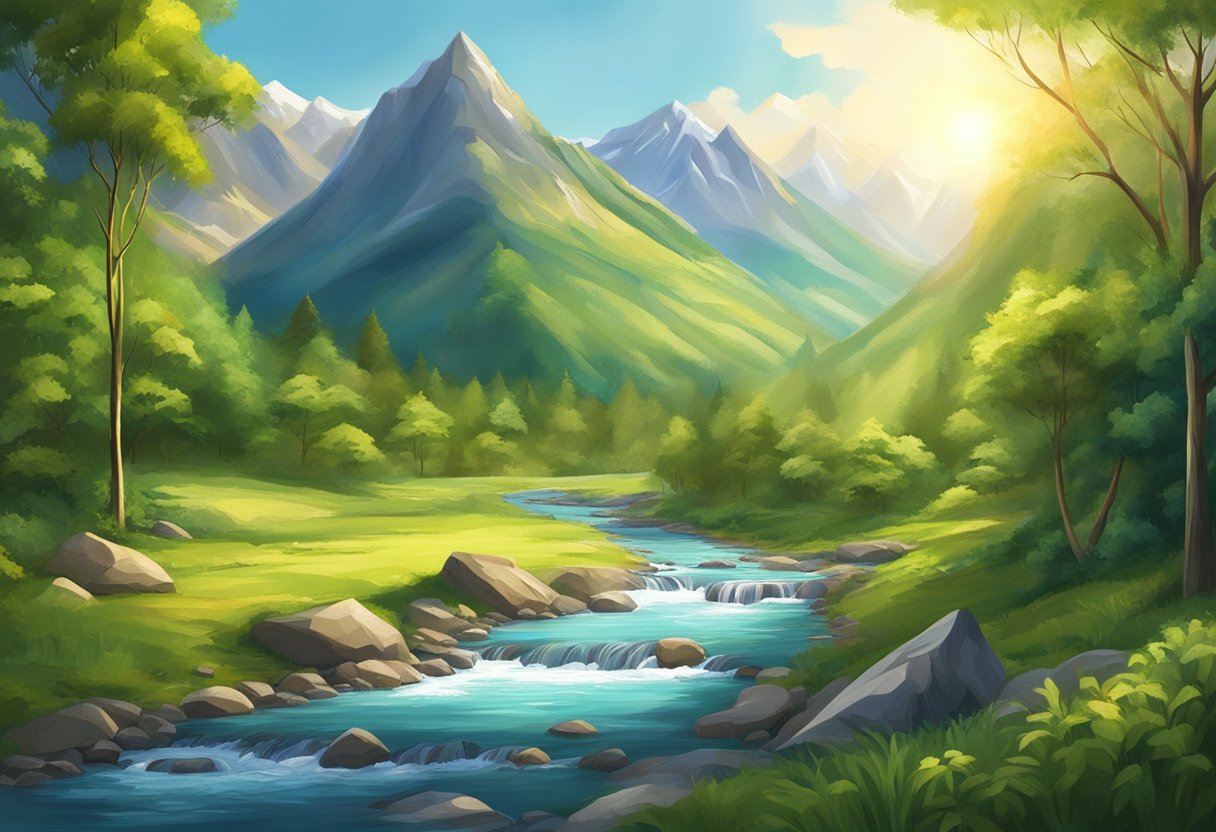 A mountain landscape with a river flowing through it, surrounded by lush greenery and vibrant wildlife, with the sun shining overhead