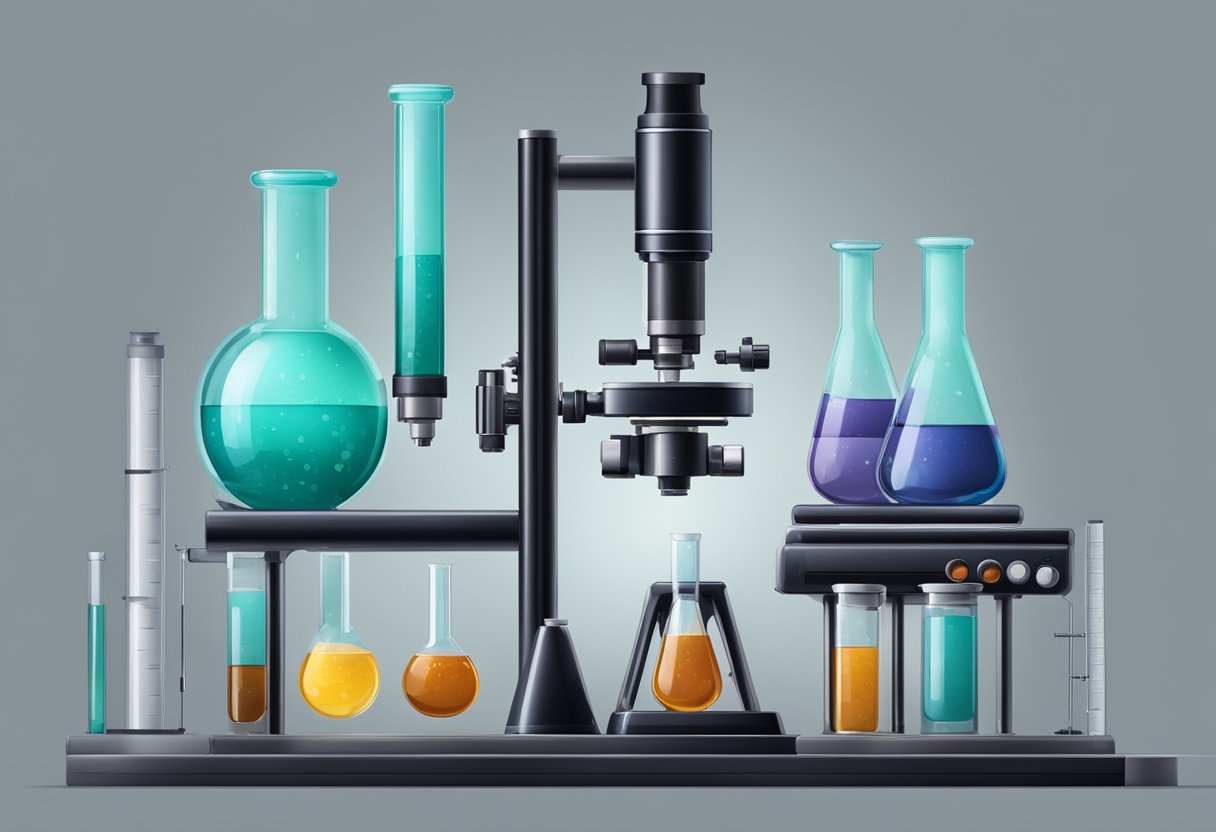 A laboratory table with test tubes and beakers containing dark, resinous substance. A microscope and scientific equipment surround the samples