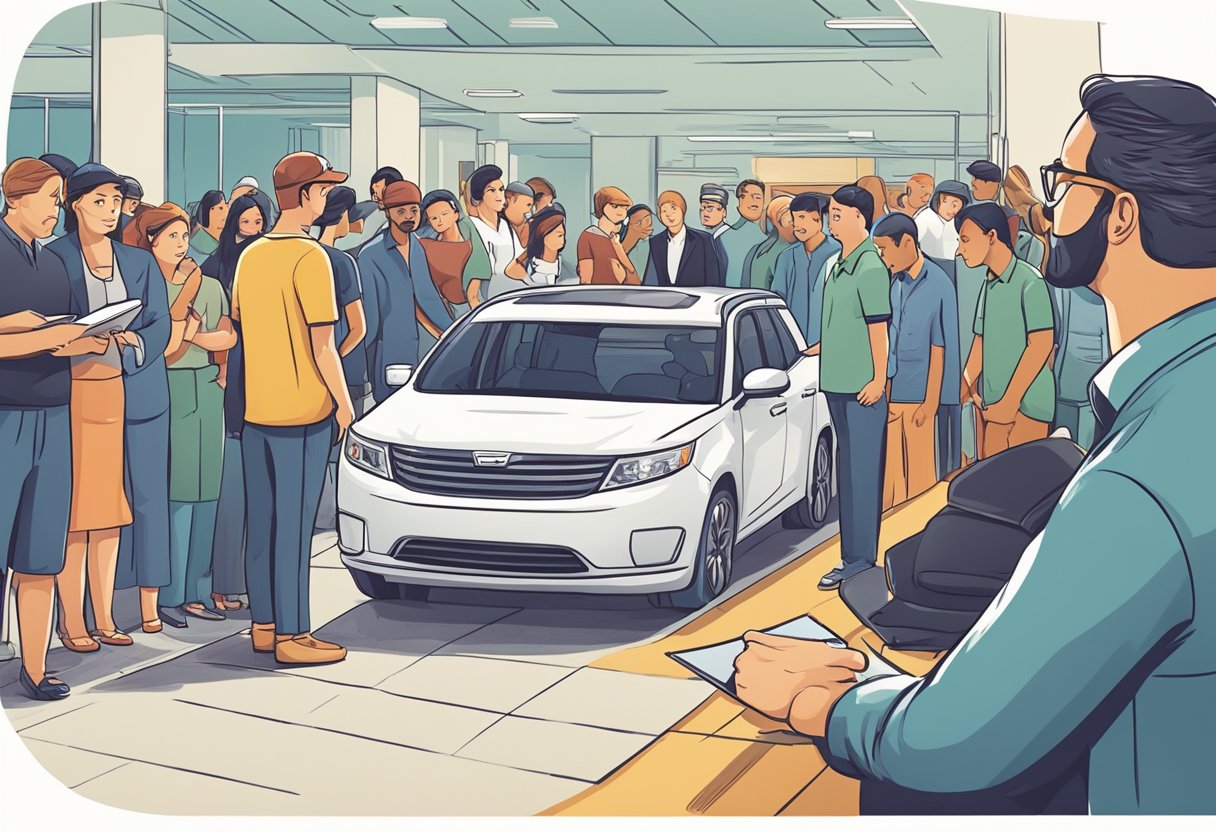 A rental car company employee hands over a contract to a customer, while a long line of people waits impatiently behind them