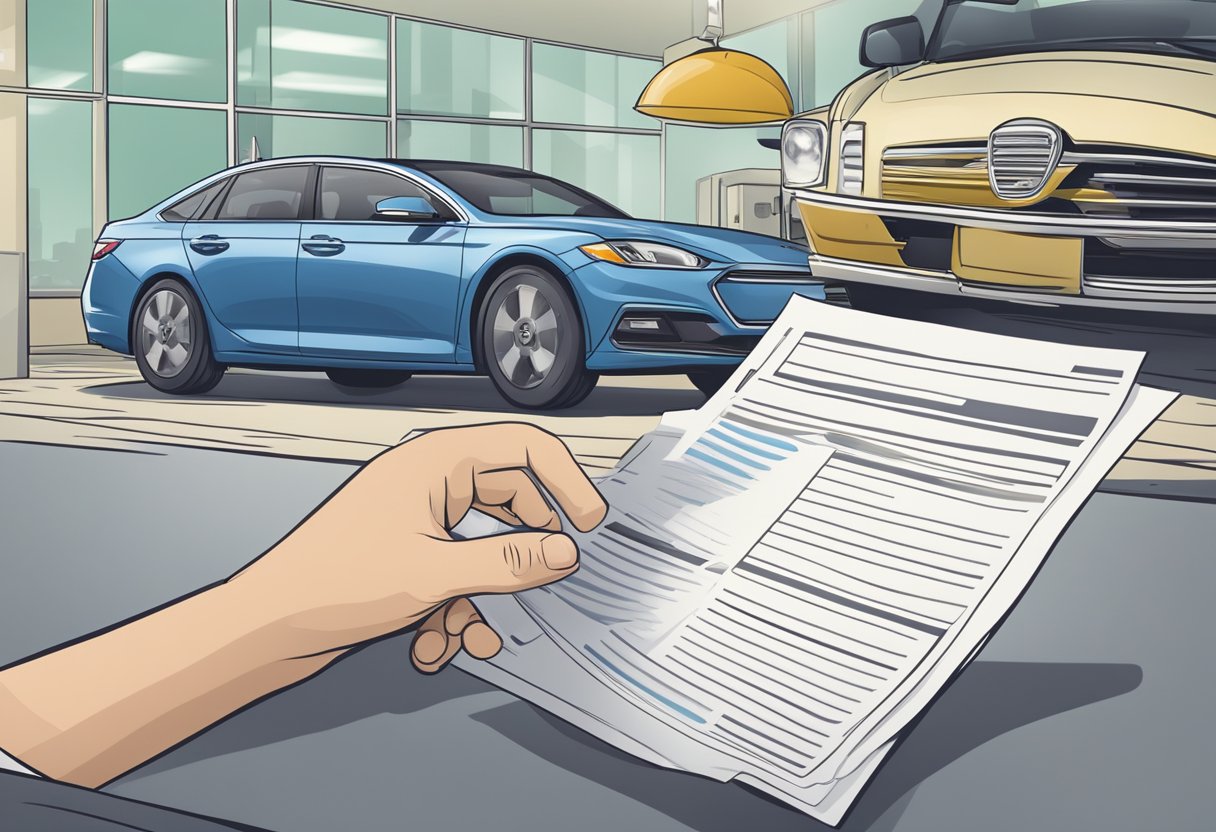 A rental car company displays a legal document while overcharging customers in the background
