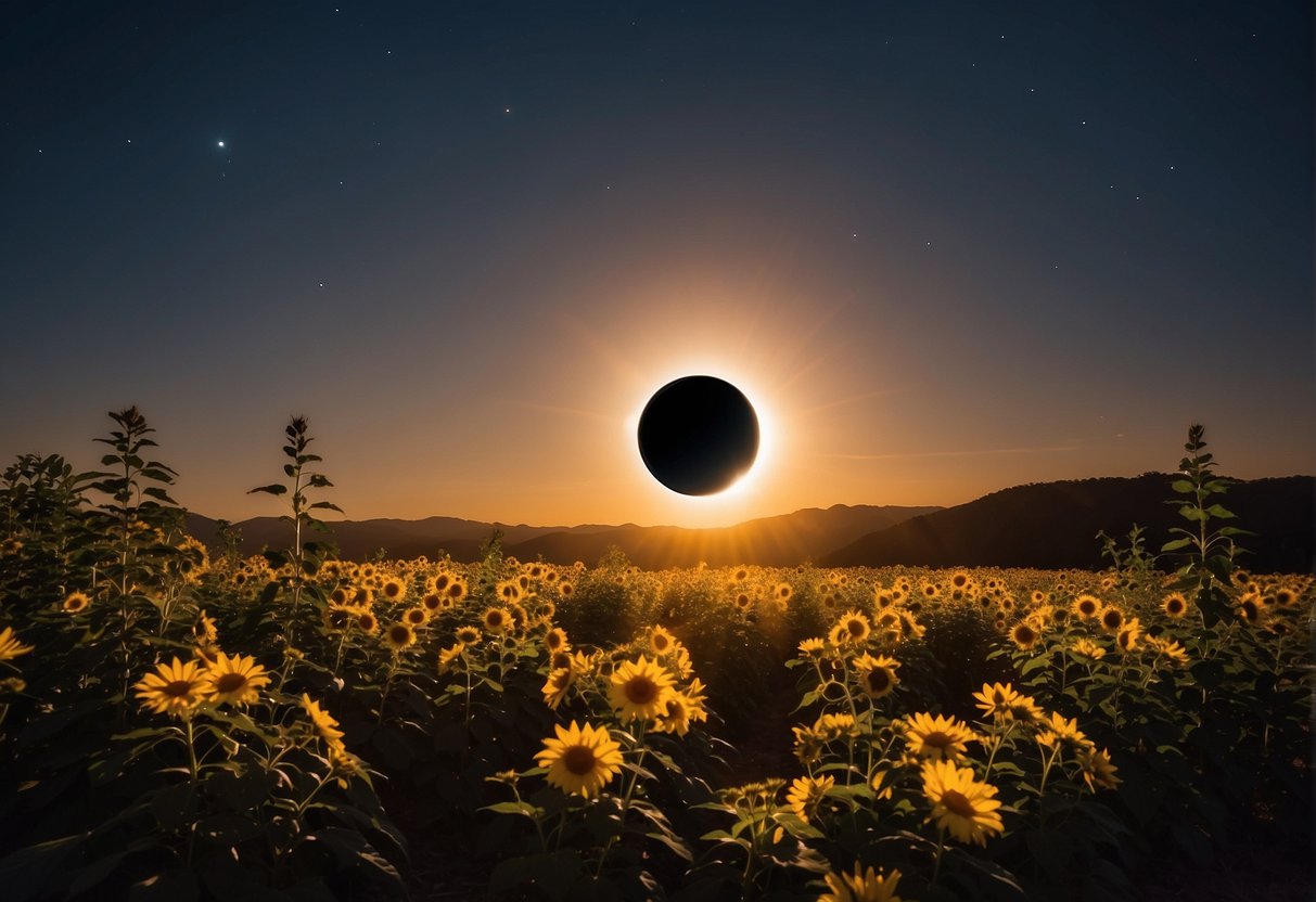 The sun's corona shines brightly against the darkened sky, as the moon perfectly aligns with the sun, creating a stunning solar eclipse