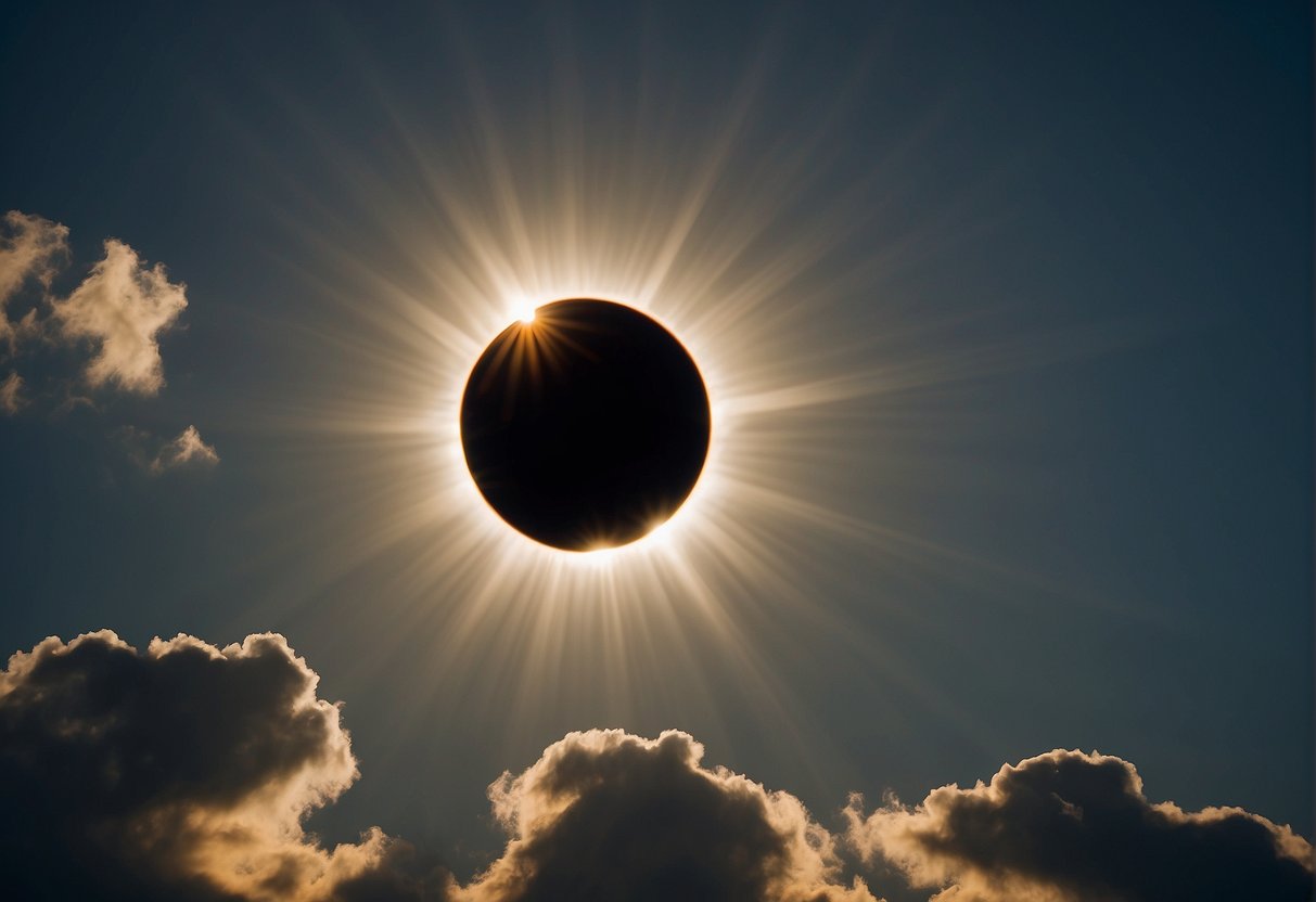 A total solar eclipse in 2024, with the moon completely covering the sun, casting a shadow over the Earth