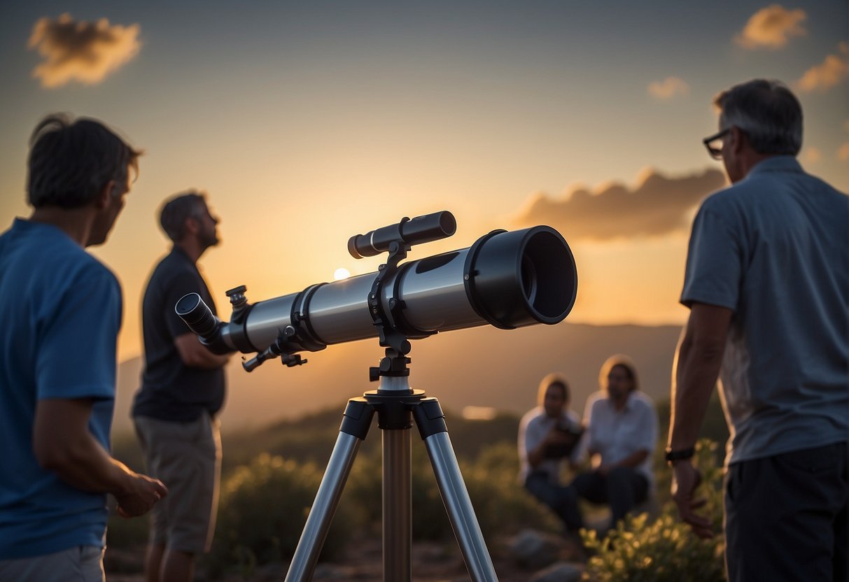 A telescope points towards the sky during the solar eclipse of 2024, with scientists and researchers gathered around, taking measurements and notes