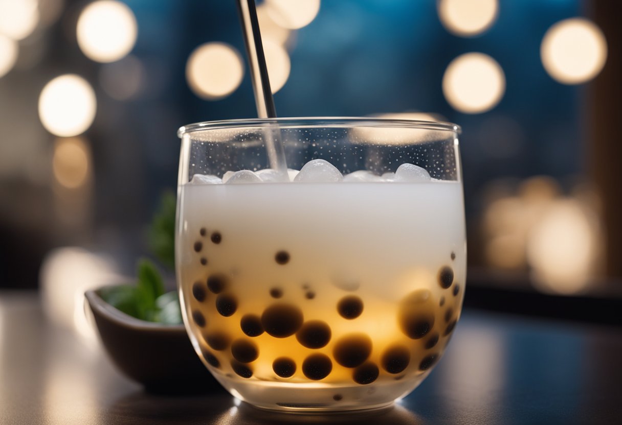 A steaming cup of bubble tea sits on a table, with tapioca pearls visible through the clear plastic cup. Wisps of steam rise from the drink, indicating that it is hot