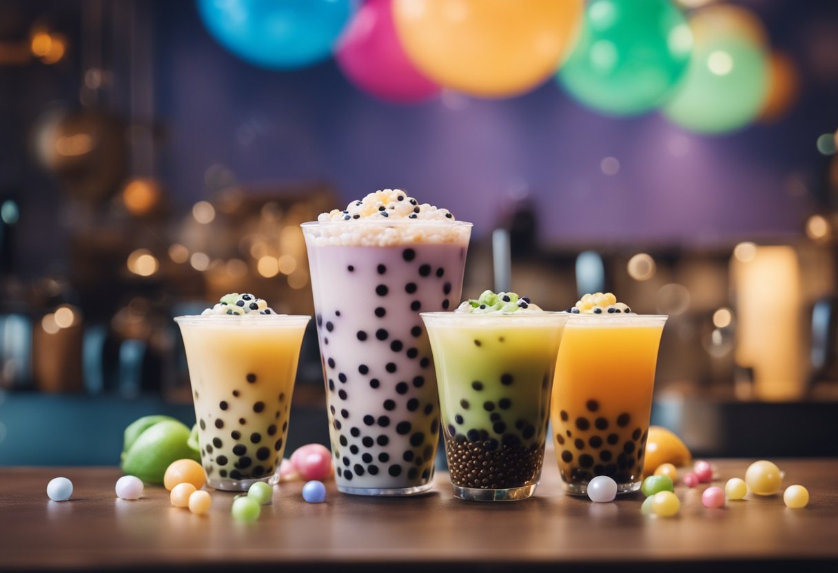 A steaming cup of bubble tea sits on a table, surrounded by tapioca pearls and a colorful assortment of boba flavors