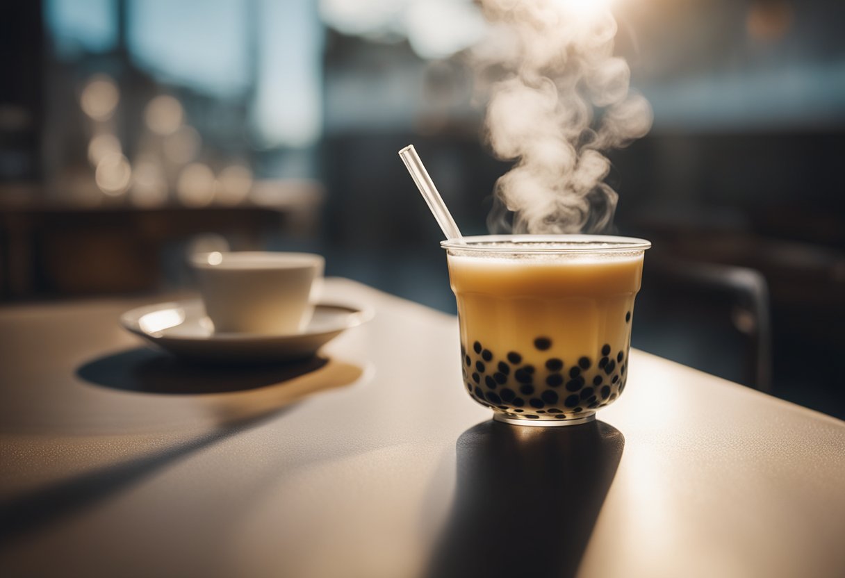 A steaming cup of bubble tea sits on a table, steam rising from the surface as the tapioca pearls settle at the bottom