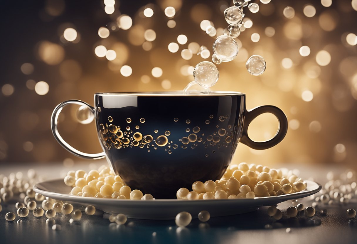 A steaming cup of bubble tea surrounded by swirling bubbles and rising steam