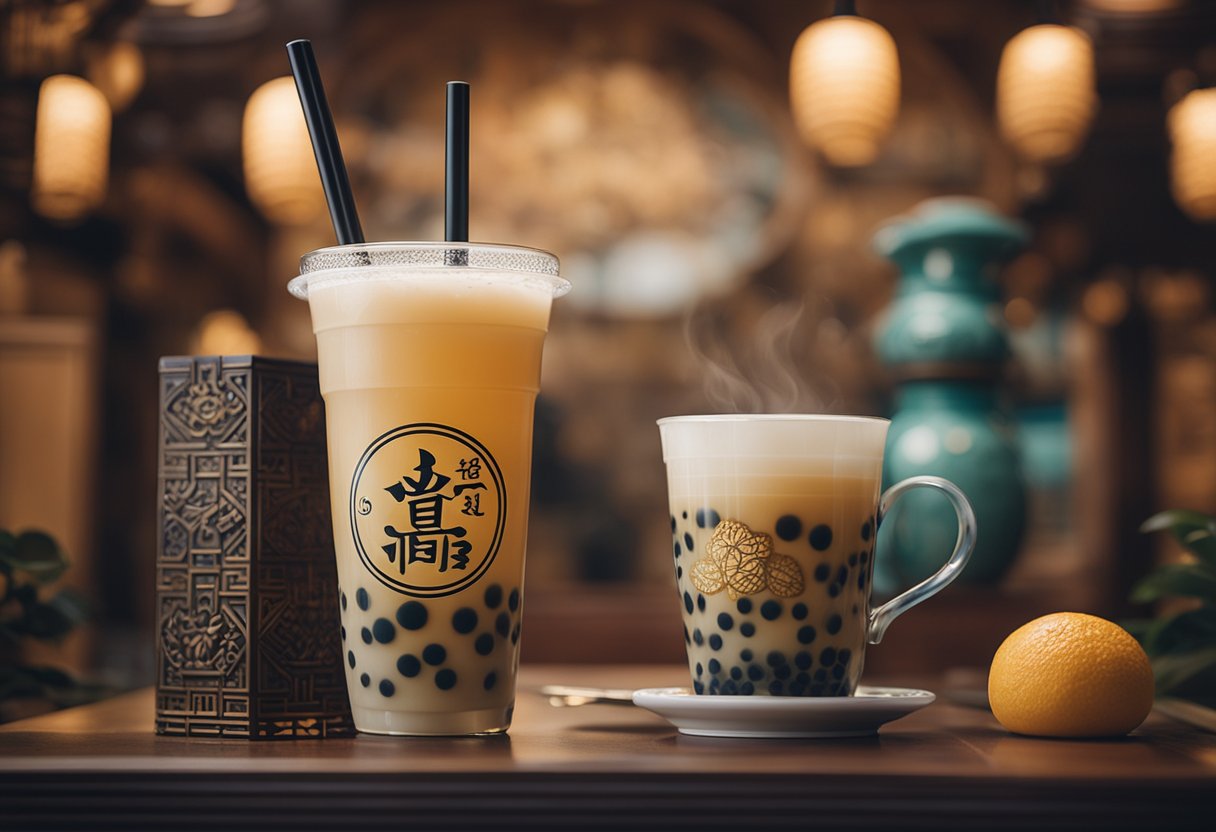 A steaming cup of bubble tea sits on a table, surrounded by traditional Asian decor and symbols. A sign in the background asks 