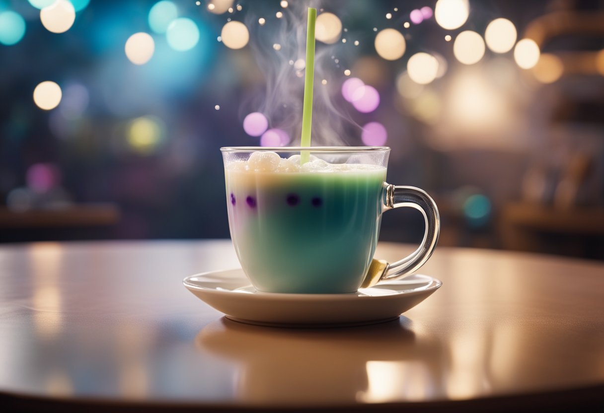 A steaming cup of bubble tea sits on a table, with swirling steam rising from the top. The cup is adorned with colorful pearls at the bottom