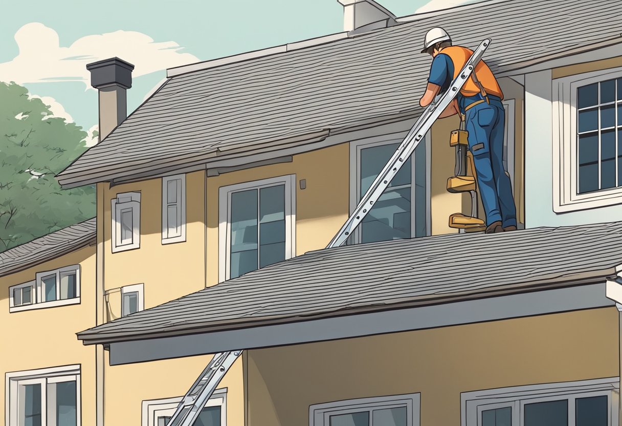 A roofer standing on a ladder, inspecting a high-quality roof with a satisfied customer nearby, holding a contract. Phone ringing with new lead