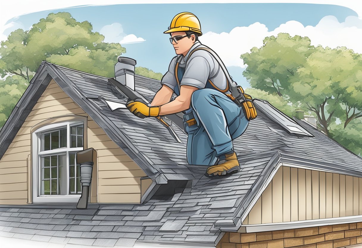 A roofer carefully inspects a high-quality lead, while a conversion process is depicted in the background. The focus is on maximizing lead quality and conversion