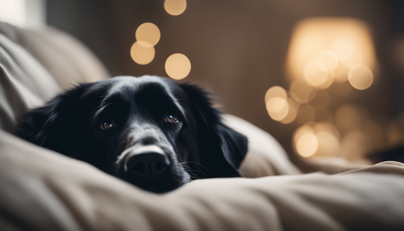 A person peacefully sleeps, dreaming of a black dog by their side